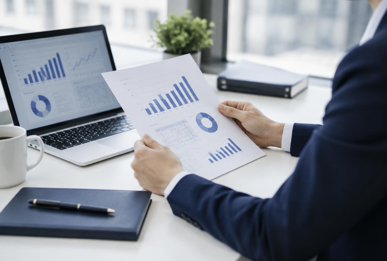 Iliustracinė nuotrauka: specialistas peržiūri finansinę ataskaitą su diagramomis